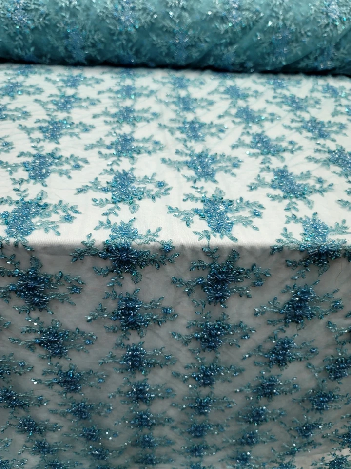 TURQUOISE Beaded Embroidery Bridal Lace Fabric Sold By The Yard Floral Flowers  - Image 4 of 4
