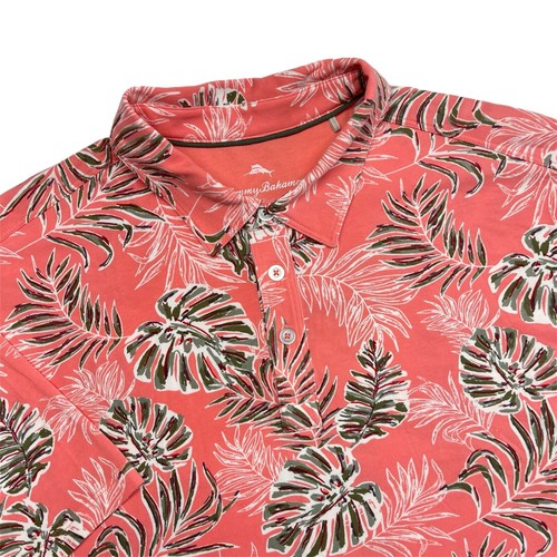 Tommy Bahama Polo Shirt Men Large Stretch Tropical Print Pink Green Short Sleeve - Picture 2 of 8
