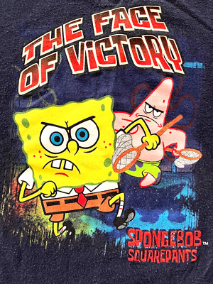 Rare Vintage Y2K SpongeBob and Patrick Face of Victory Graphic Blue T-Shirt, XL