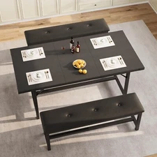 Dining Table Set for 4-6, 63" Extendable Table Set With 2 Upholstered Benches