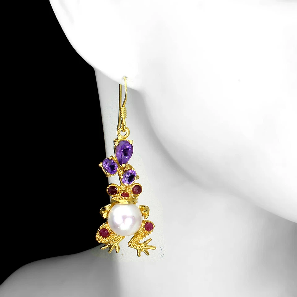 925 Sterling Silver Earrings Pear Amethyst Ruby Pearl Frog Gemstone Jewelry - Image 2 of 4
