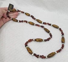 New! Signed Medici Two Sisters Brown Cognac Silver Tone Bead Continuous Necklace