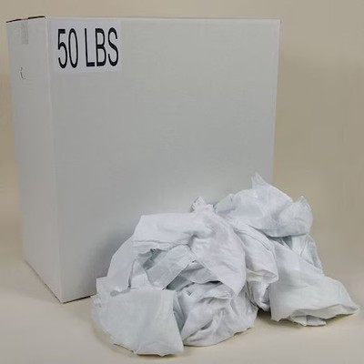 Recycled Cotton Sheeting Cloth Rags, 50 Lb Box, Sizes Vary, White, G211050pc