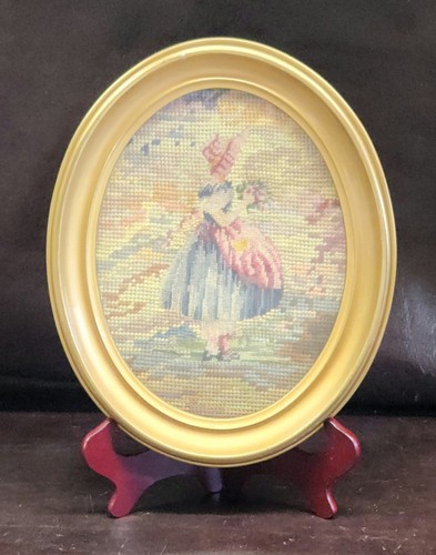 Vintage Oval Needlepoint Embroidery of Young Woman w/Flower Bouquet, 10.5"x8.5" - Picture 1 of 6