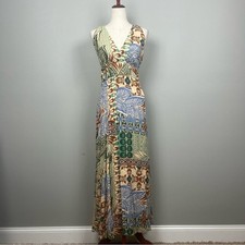 NWT Vince Camuto Green and Brown Patchwork Maxi Dress Halter T Back SZ L