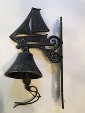 Vintage Dinner Bell Distressed Black Iron Sailboat Beach /Lake House Decor 12.5”