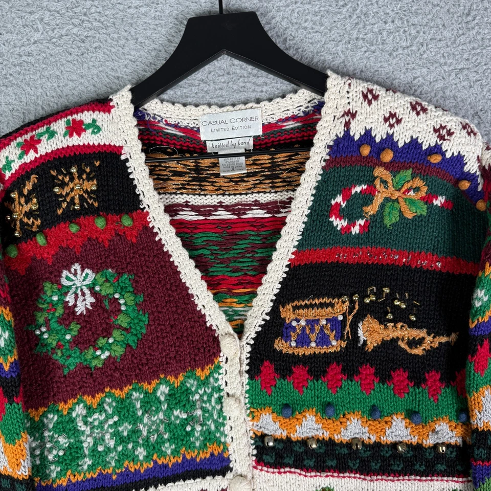 复古圣诞节 90 年代开衫毛衣手工针织女式小号条纹印花 — 第 3/4 张图片