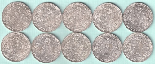 SIVER UNC COIN OF BRITISH INDIA GEORGE VI ONE RUPEE LOT OF 10 PEICES