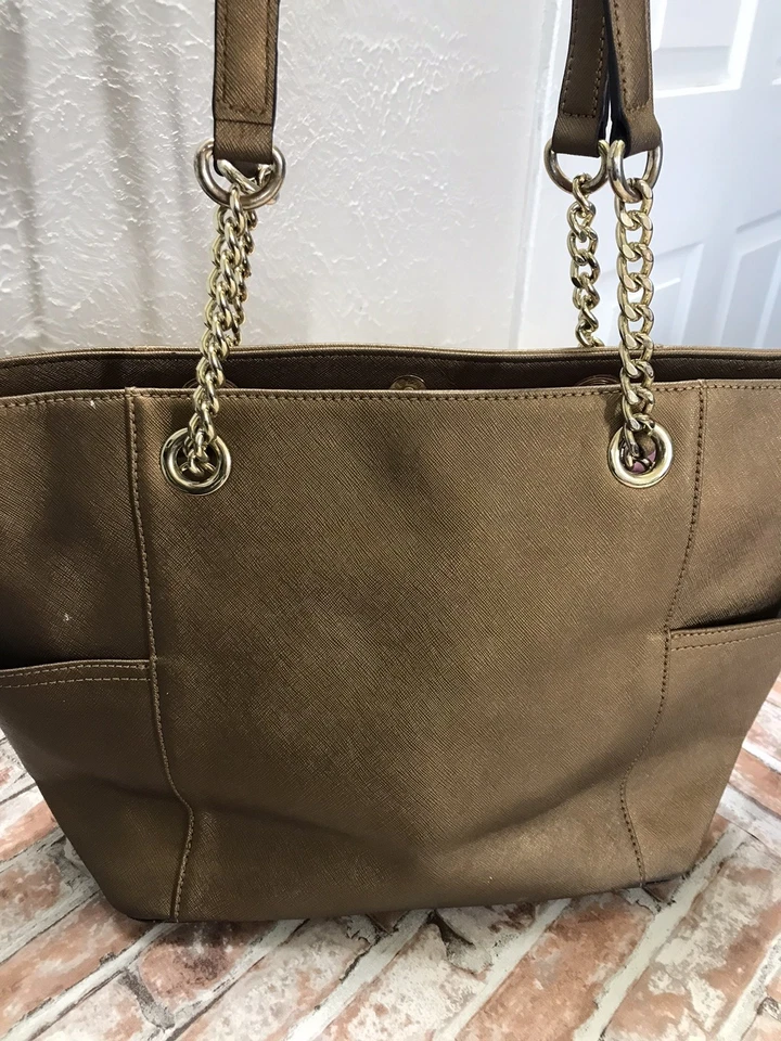 Calvin Klein Metallic Gold Saffiano CHAIN STRAP Leather Tote Bag HANDBAG 10x15x4 - Image 4 of 4