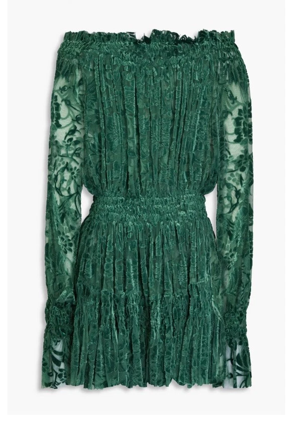 Mini Vestido Y2k Norma Kamali Fuera del Hombro Devore Terciopelo Verde Talla XS Campesino Foto 2 de 4