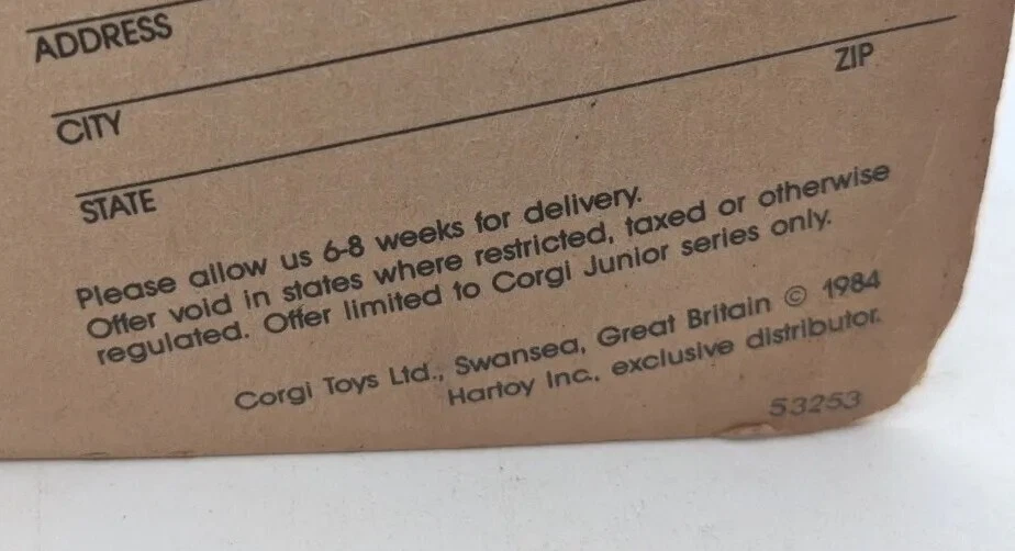 Camión trasero de lona Corgi JB15 HILL FARM ~ Tarjeta con fecha 1984 ~ Ford Transit Foto 4 de 4