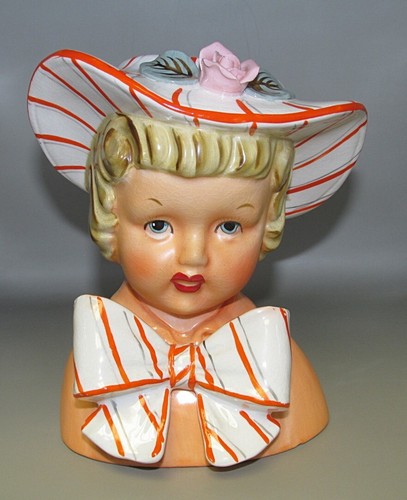 RELPO Lady Head Vase ORANGE Handpainted Striped Bonnet Bow -Blonde - Blue Eyes - Picture 12 of 12