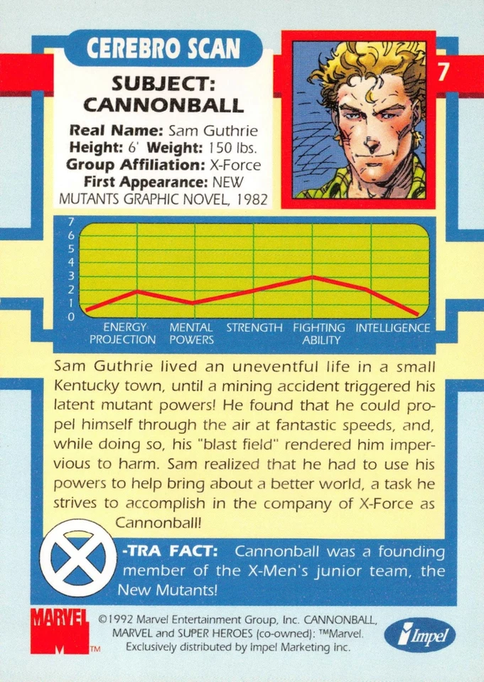 CANNONBALL / X-Men Series 1 (Impel 1992) BASE Trading Card #7 - Image 2 of 2