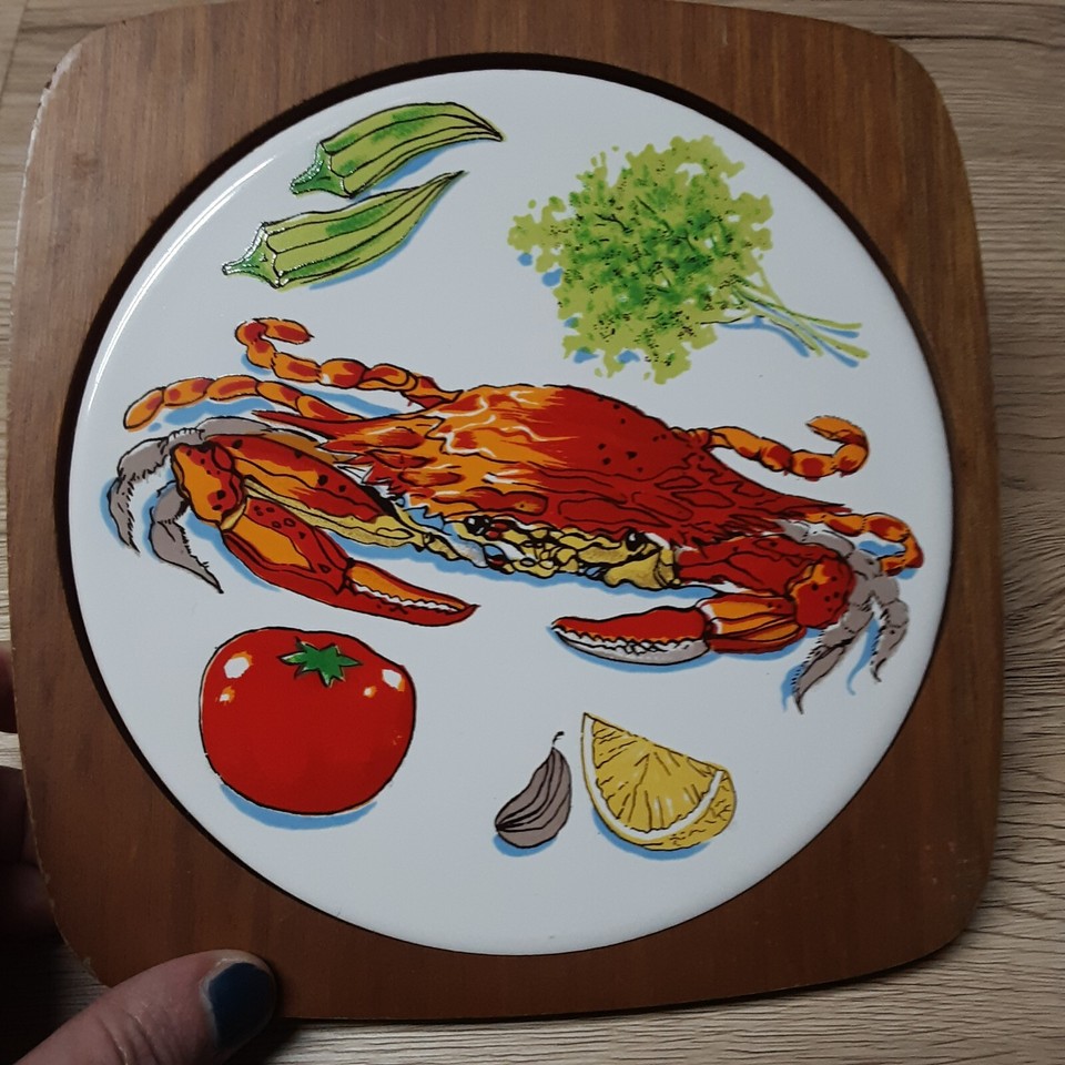 Vintage Wooden & Ceramic Tile Hot Pad Trivet Crab & Vegetables Art