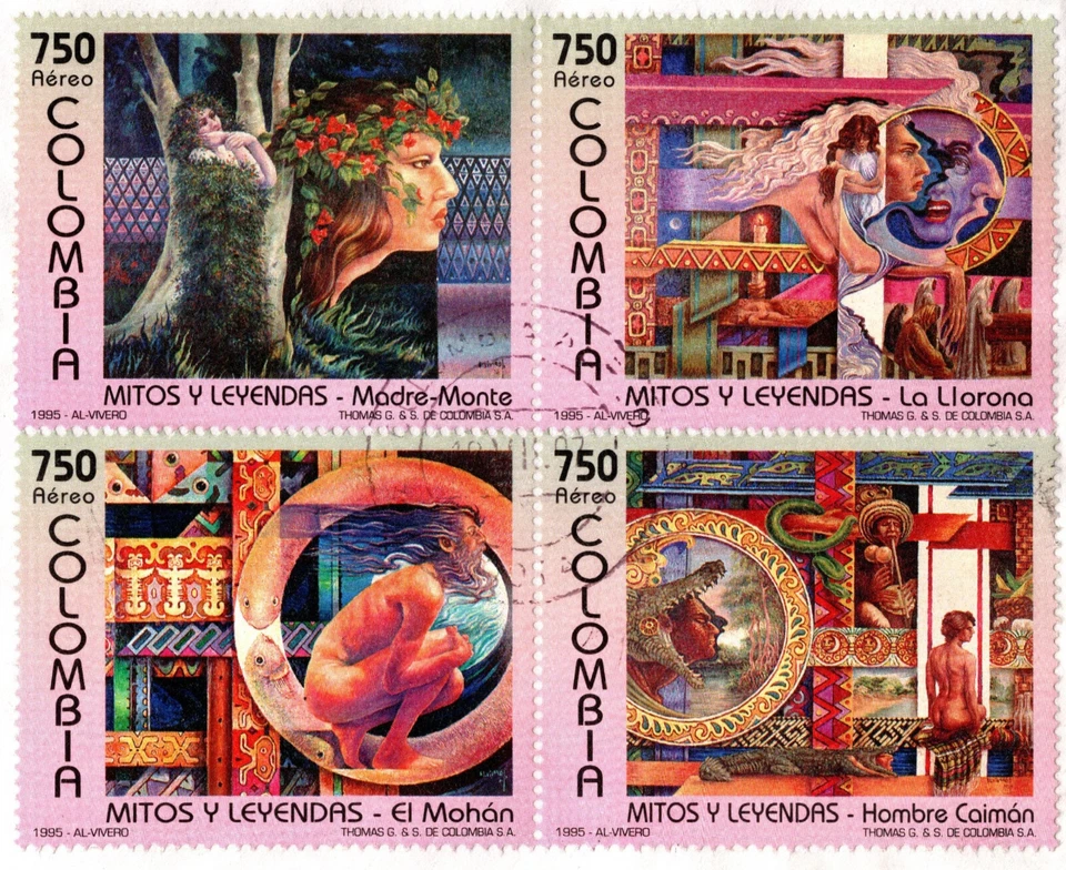 COLOMBIA 1997 PORTADA ENVIADA A AMMAN, JORDAN BLOQUE DE 4 SELLOS DE MITOS Y LEYENDAS USADOS Foto 2 de 4