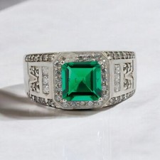 Emerald Octagon Cut Gemstone With 14K Solid White Gold Ring For Men's 921