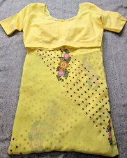 Indian Handmade Saree  Choli Blouse Yellow Embroidered Chiffon Fabric