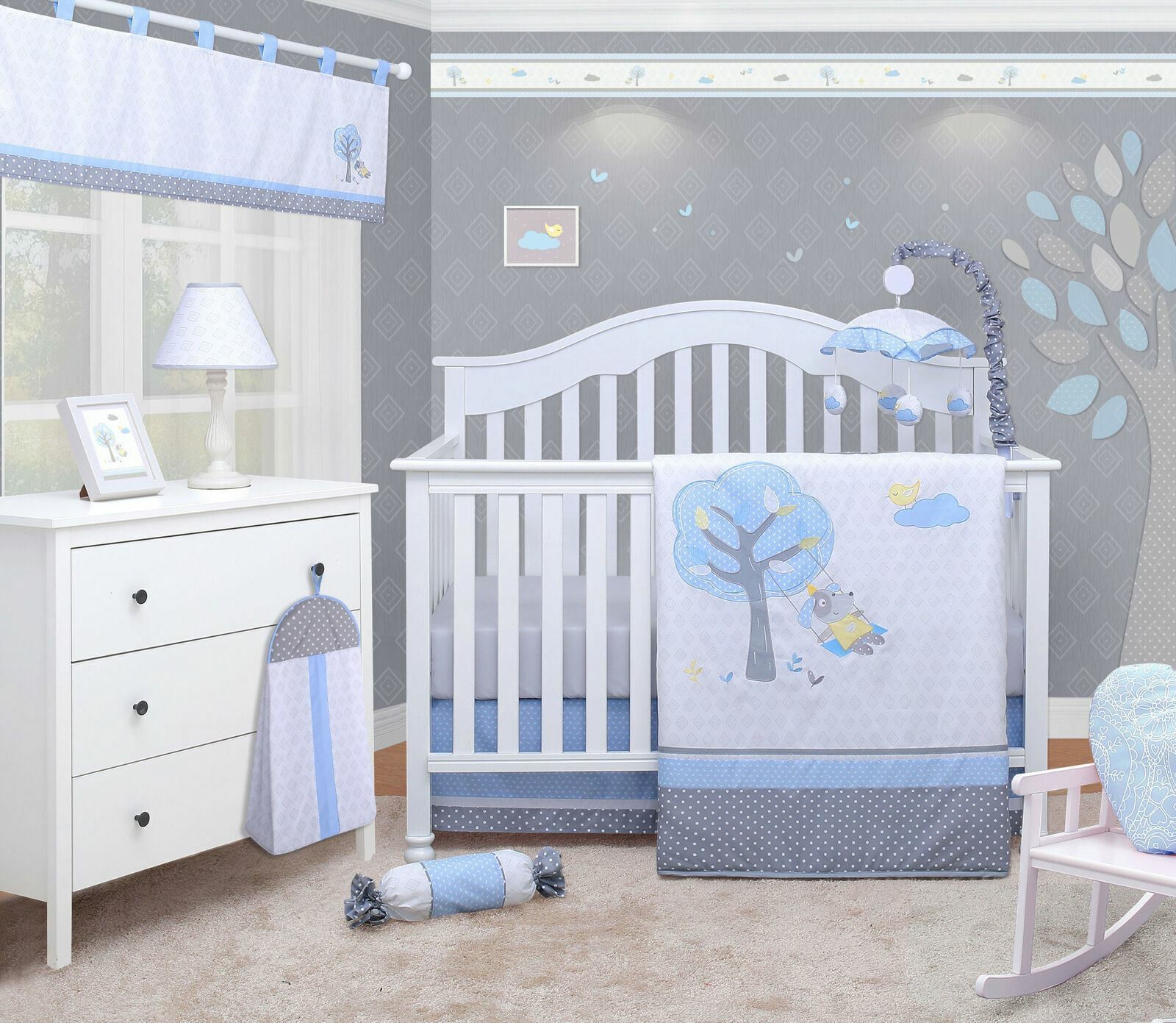 OptimaBaby 8PCS Blue Little Puppy Dog Baby Bedding Sets with Mobile Lamp Shade