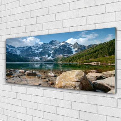 Glasdruck Bild Bilder 125x50 Landschaft Berge See Steine