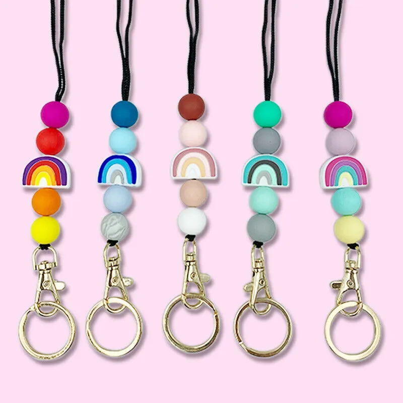 Teacher Lanyard Rainbow Silicone Beads Keychain Neck Strap Name ID Badge  Holder