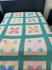 Ohio Rose Quilt 1930's Peach Nile Green Applique 84" x 100" Hand Quilted Vintage