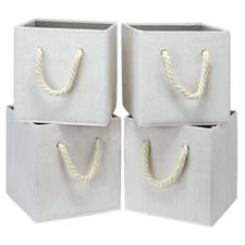 Foldable Storage Cube Bins Beigewhite Bamboo Fabric Collapsible Resistant Basket