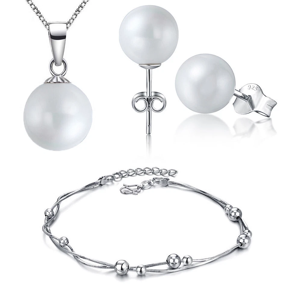 SCHMUCKSET 925 STERLING SILBER PERLEN HALSKETTE PERLE KETTE OHRRINGE FUßKETTE