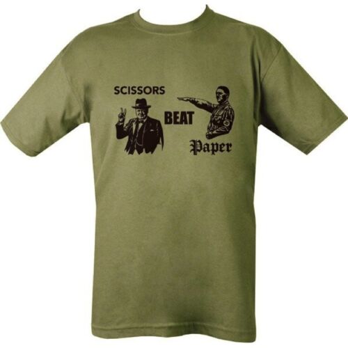 WW2 T-SHIRT SCISSORS BEAT PAPER HITLER CHURCHILL 100% COTTON MILITARY ARMY FUNNY - Picture 1 of 2