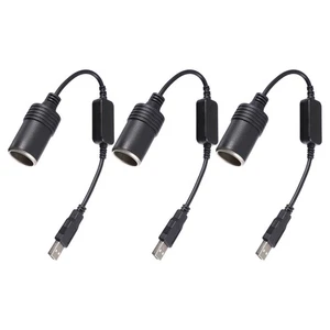 3Pcs Reusable Car Charger USB to Lighter Adapter Cable Black PVC Power Converter