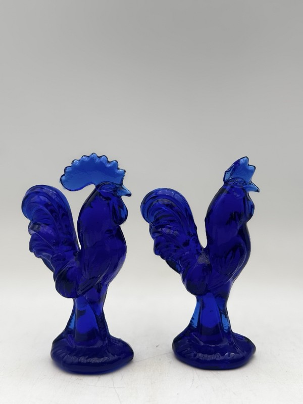 Pair Vintage Cobalt Blue Glass Rooster Figurines Set 2 Mid Century Statues 4.5"