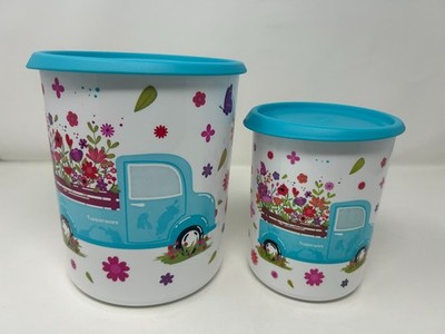 Tupperware One Touch Canister 2 Piece Set - NEW - Blue & White spring blossom