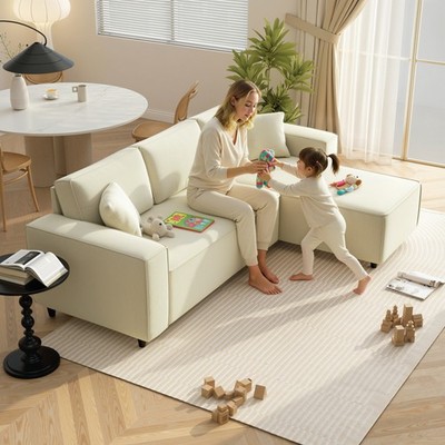 Chaise Sectional Sofa, Corduroy Fabric Corner Couch, Cream White