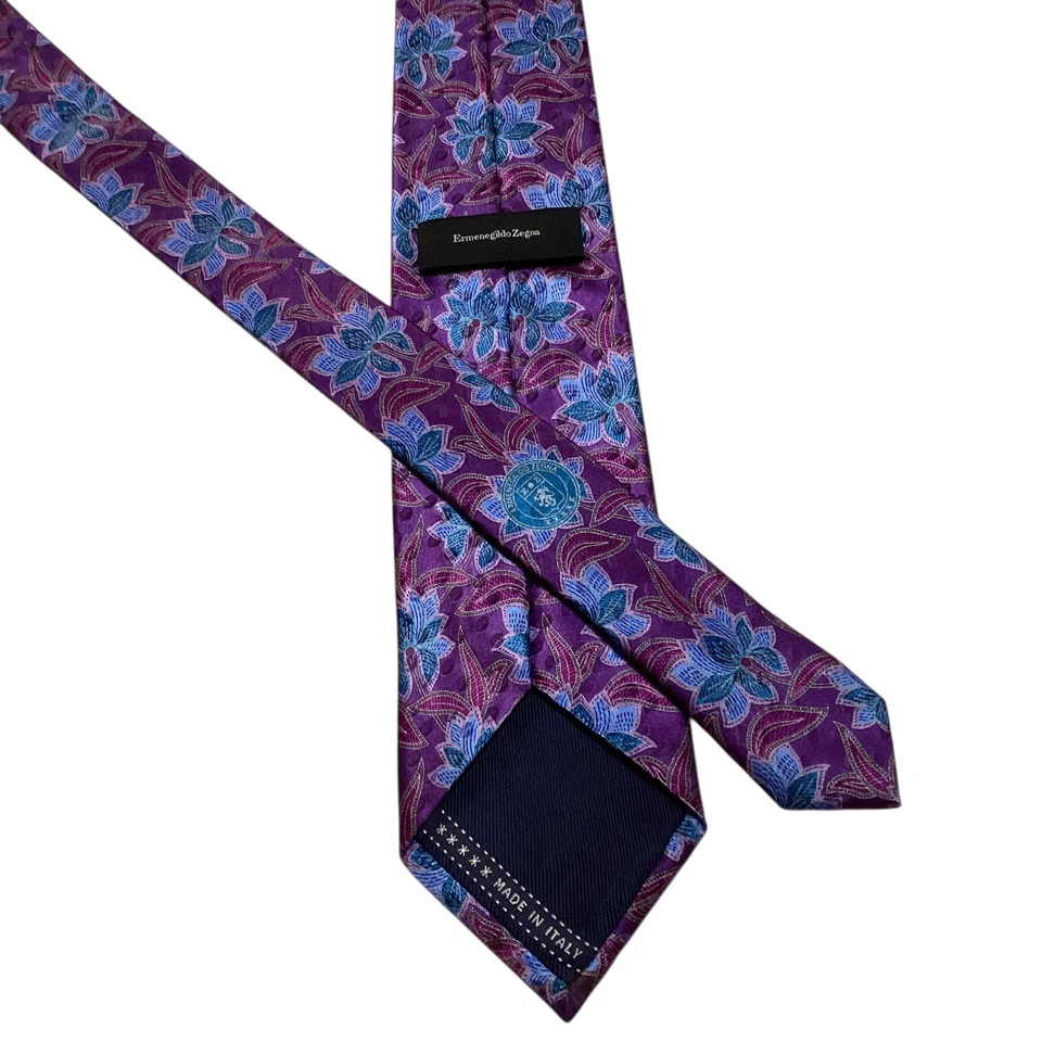 ERMENEGILDO ZEGNA ***** Men's Silk Necktie ITALY Luxury FLORAL Purple/Blue GUC - Image 3 of 3