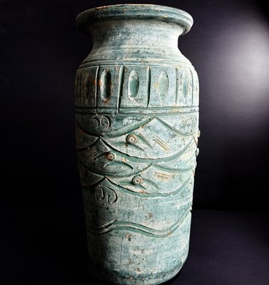 Vintage Tall Terracotta Abstract Fish Art Pottery Vase Rustic Sage Blue Green