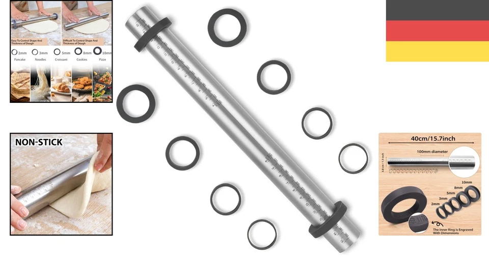 Edelstahl Nudelholz Teigroller 40cm Antihaft verstellbar Küchenzubehör - Bild 2 von 4