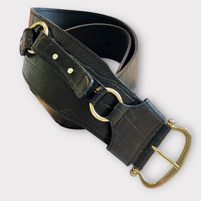 Zara Wmns Belt Croc Embossed Black Faux Leather 2.6” Wide 