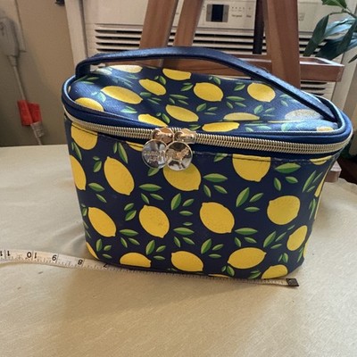 Dabney Lee Lemon Print Makeup Bag Blue/Yellow/Green Zipper Handle 9x6''