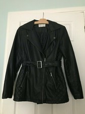 Womens Authentic Black Biker Leather Medium Long Jacket Size Uk 10 / Eur 38