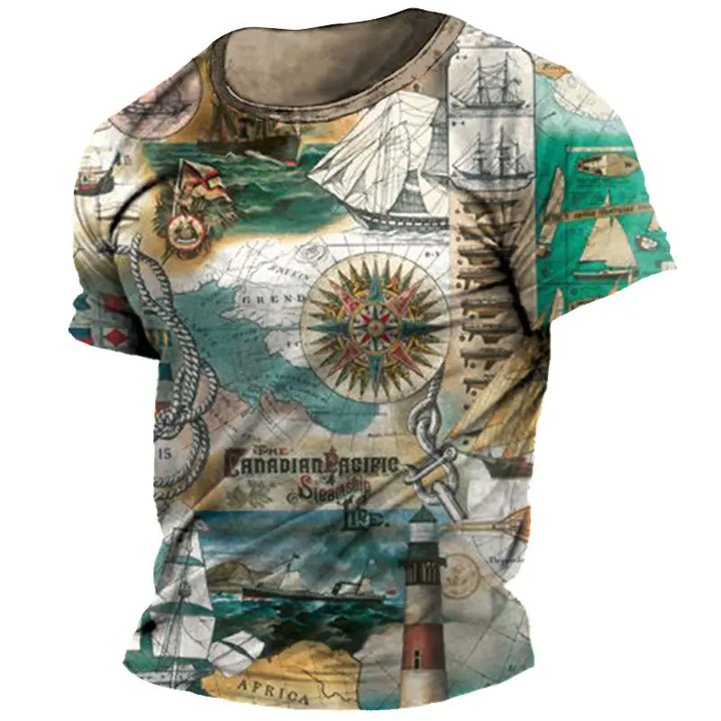 Men's Vintage Nautical Compass T-Shirts, Retro Map Print Graphic Tees, S-3XL-image