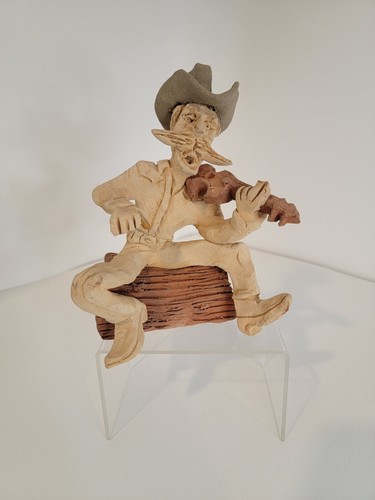 Vtg Signed Tom Schoolcraft Sculptures Cowboy Playing Violin 7" Pottery Fiddle