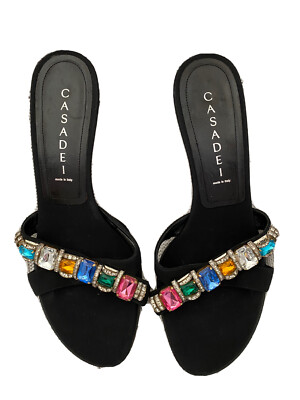 CASADEI  leather /crystal designer sandals black multicolour mules Sz:7