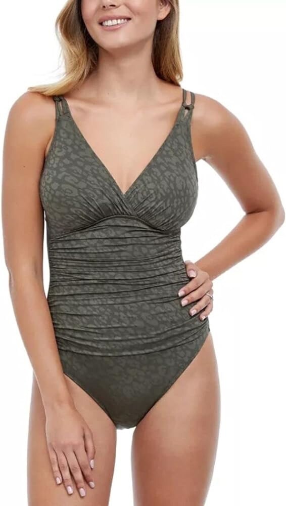 NWT Profile by Gottex Luminous Safari V-Neck One-Piece Swimsuit Olive US-10 $128