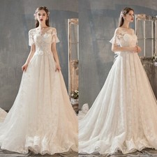 Eleagnt A-Line Wedding Dresses O-Neck Short Sleeved Lace Appliques Bridal Gowns