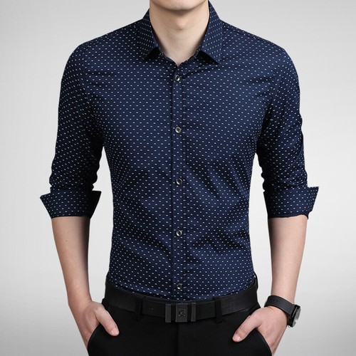 Camicie eleganti uomo maniche lunghe lusso casual senza ferro slim camicie a pois top - Foto 6 di 17