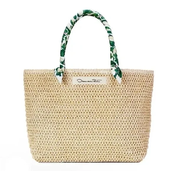 Oscar de La Renta Bolso de Paja Shopper Bolso de Playa Floral Bufanda Mango Nuevo con Etiquetas Foto 4 de 4