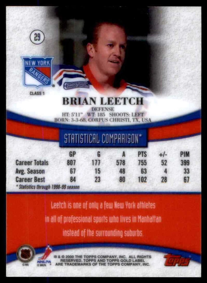 1999-00 Topps Gold Label Brian Leetch #29 - Image 2 of 2