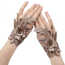 A Pair Lady Gloves Mitten Fingerless Ring Embroidered Floral Dancing Ethnic Chic