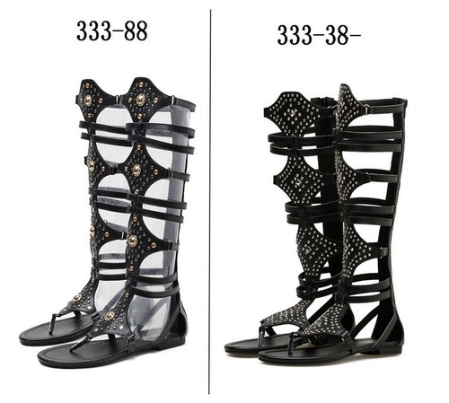 Women's Knee High Gladiator Sandals Rivets Studded Strappy Zipper Thong Sandals - Picture 4 of 9