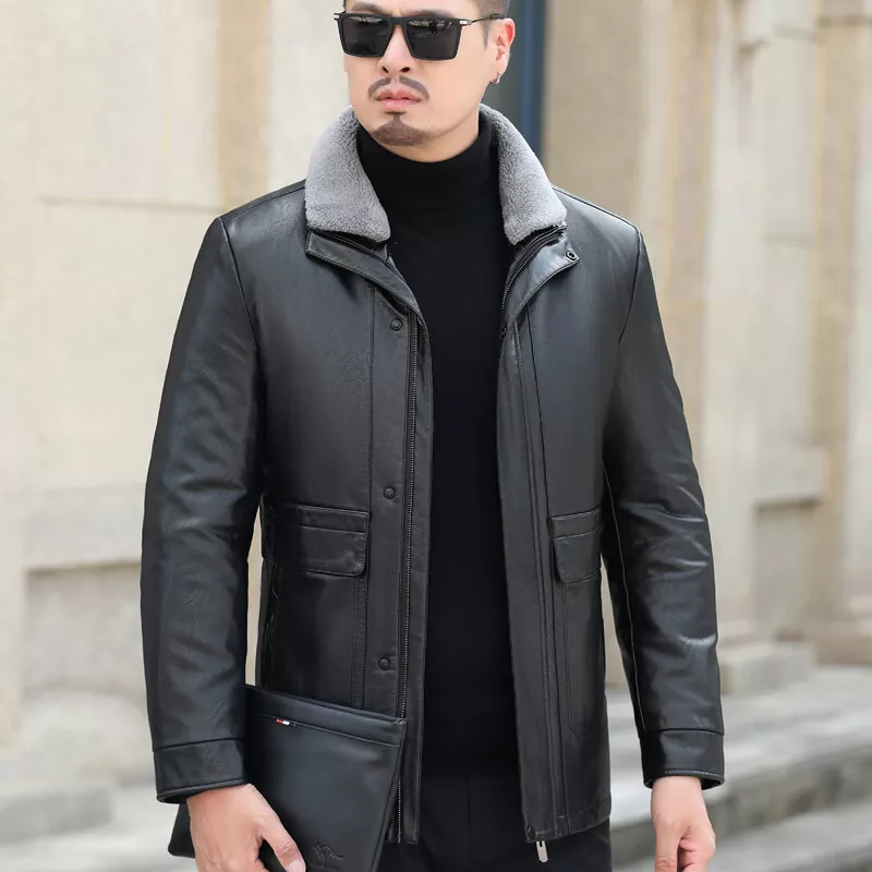 Luxury Mens Coat Leather Lapel Collar Zipper Warm Duck Down Lined Parka  Jackets