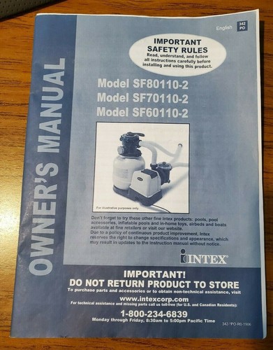 Intex Owner's Manual For SF80110-2 SF70110-2 SF6011-2 For Sand Filter